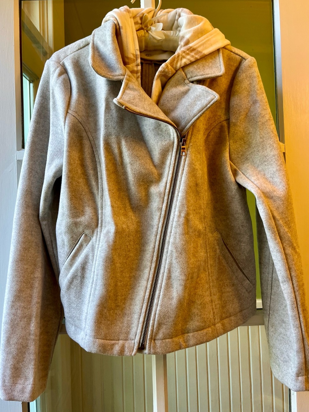 Hem & Thread Light Tan Beige Moto-Style Jacket with Super Soft Detachable Hood